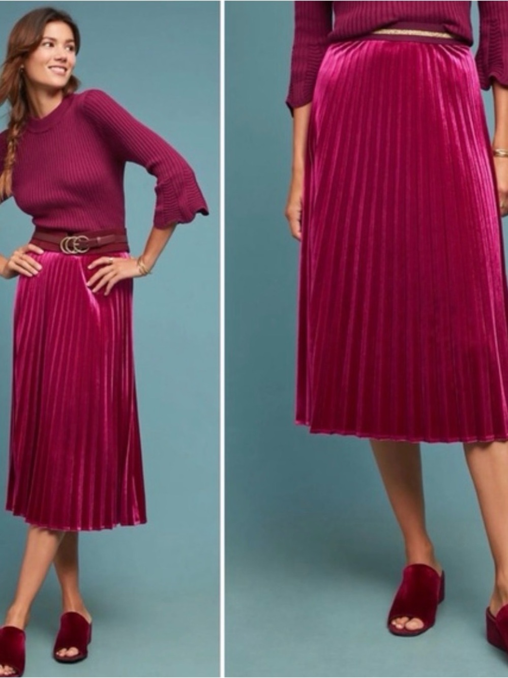 Anthropologie Maeve Velvet Pleated Midi Skirt Small Raspberry Gold Waist NWT